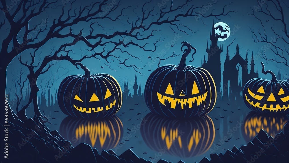Halloween Background Jack O' Lanterns In A Graveyard In A Haunting Night. Generative Ai.