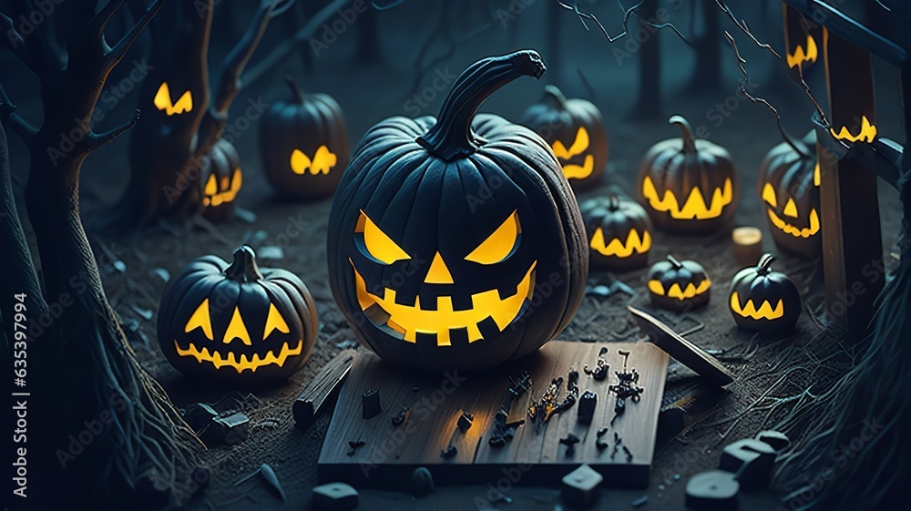 Halloween Background Jack O' Lanterns In A Graveyard In A Haunting Night. Generative Ai. - obrazy, fototapety, plakaty 
