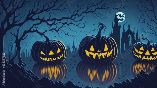 Halloween Background Jack O  Lanterns In A Graveyard In A Haunting Night. Generative Ai.