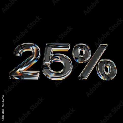 3d rendering glassy 25 percent isolated on black background. Glassmorphism 25 percent discount. 3D illustration.