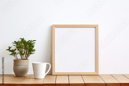 White Photo Frame Mockup Template Design With Plants On The Side