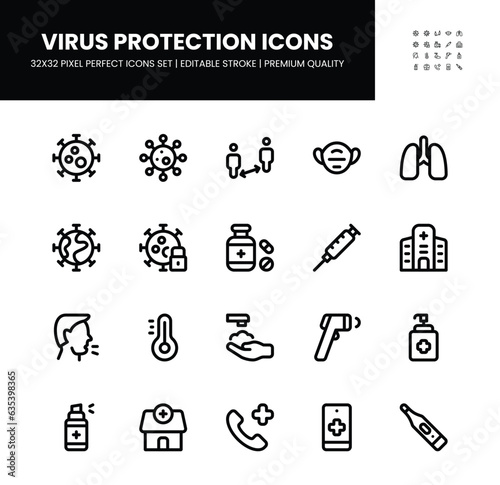 Virus protection icons set in 32 x 32 pixel perfect with editable stroke