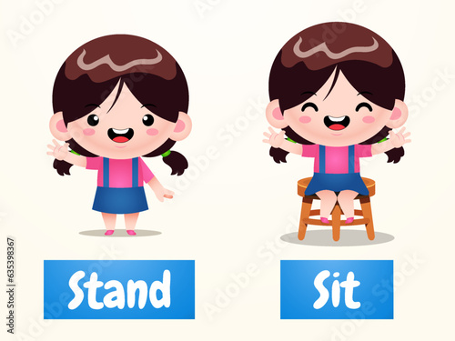 Cute Girl Cartoon Example Of Opposite Word Antonym Stand And Sit