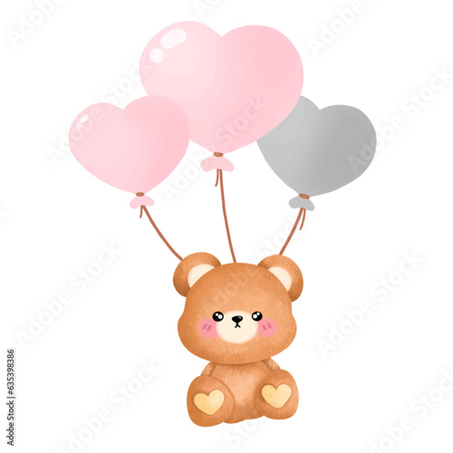 Teddy bear with balloons,Brown,Bear,watercolor,toy bear ,cartoon,cute, vector ,illustration,hand drawn, graphic,cartoon,bear isolated on white