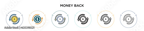 Money back icon in filled, thin line, outline and stroke style. Vector illustration of two colored and black money back vector icons designs can be used for mobile, ui, web