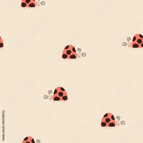 Ladybug childish naive seamless vector pattern. Hand-drawn doodle illustration in simple minimalistic scandinavian style. Gender neutral nursery print. Ideal kids design  fabrics  textiles  wallpaper.
