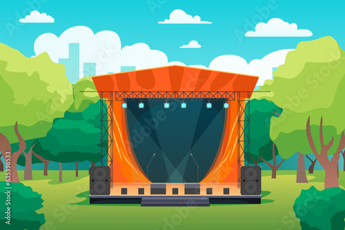 Cartoon Color Festival Music Concert Stage Outdoor Park Landscape Scene Concept Flat Design Style. Vector illustration