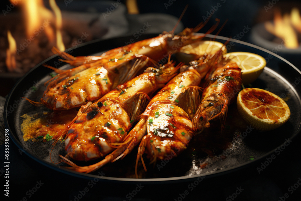 Beautiful prawns or seafood grilled on the grill. generative ai
