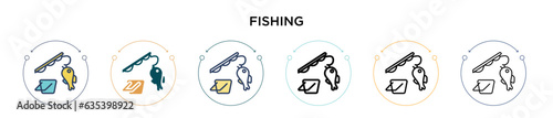 Fishing icon in filled, thin line, outline and stroke style. Vector illustration of two colored and black fishing vector icons designs can be used for mobile, ui, web