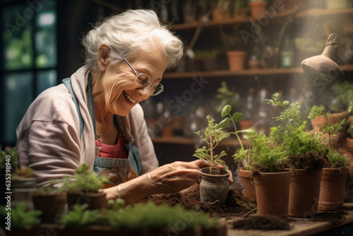 Beautiful smiling elderly person aged 60-70 dealing with seedlings. generative ai 