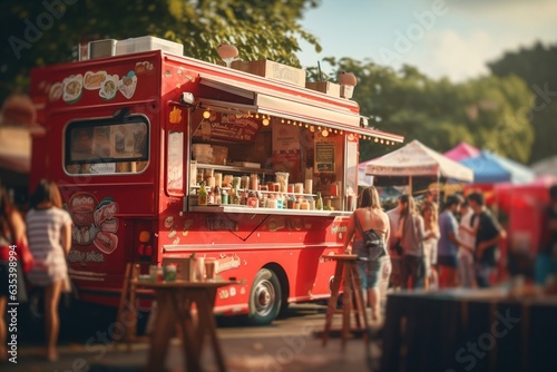 Food truck at a city festival, with selective focus, Generative Ai photo
