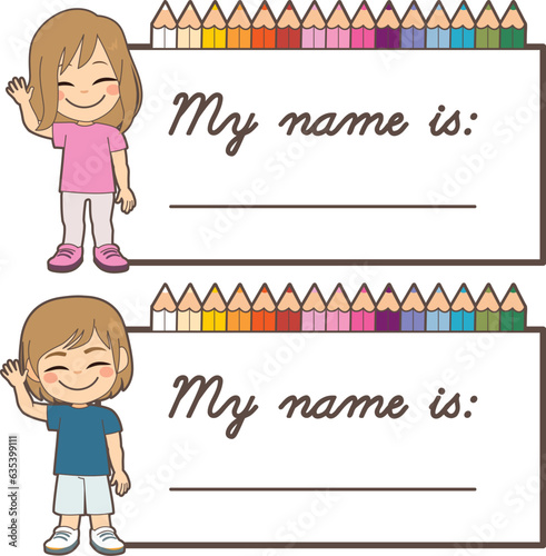 Vector illustration of children tag identification blank space for name. Design element for boy or girl with school elements
