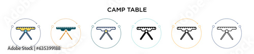 Camp table icon in filled, thin line, outline and stroke style. Vector illustration of two colored and black camp table vector icons designs can be used for mobile, ui, web