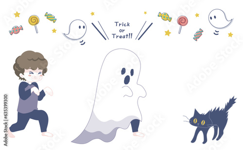 ハロウィンのかわいいおばけに仮装した男の子のイラスト