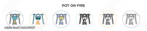 Pot on fire icon in filled, thin line, outline and stroke style. Vector illustration of two colored and black pot on fire vector icons designs can be used for mobile, ui, web