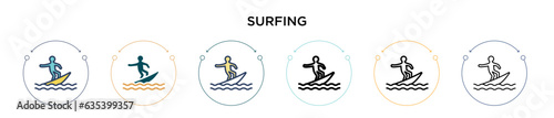 Surfing icon in filled, thin line, outline and stroke style. Vector illustration of two colored and black surfing vector icons designs can be used for mobile, ui, web
