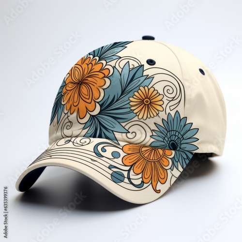Baseball Cap isolated on white background. Realistic biege baseball cap with an applicated intricately detailed boho flowers in orange and blue colors, generative AI photo