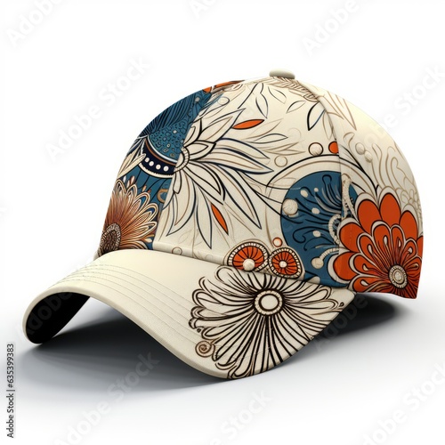 Baseball Cap isolated on white background. Realistic biege baseball cap with an applicated intricately detailed boho flowers in orange and blue colors, generative AI photo
