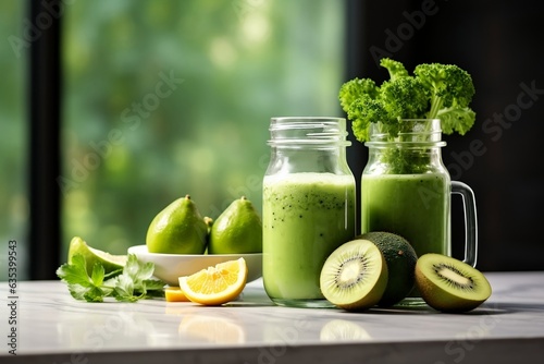 Glass jar mugs filled with refreshing green health smoothies  Generative Ai