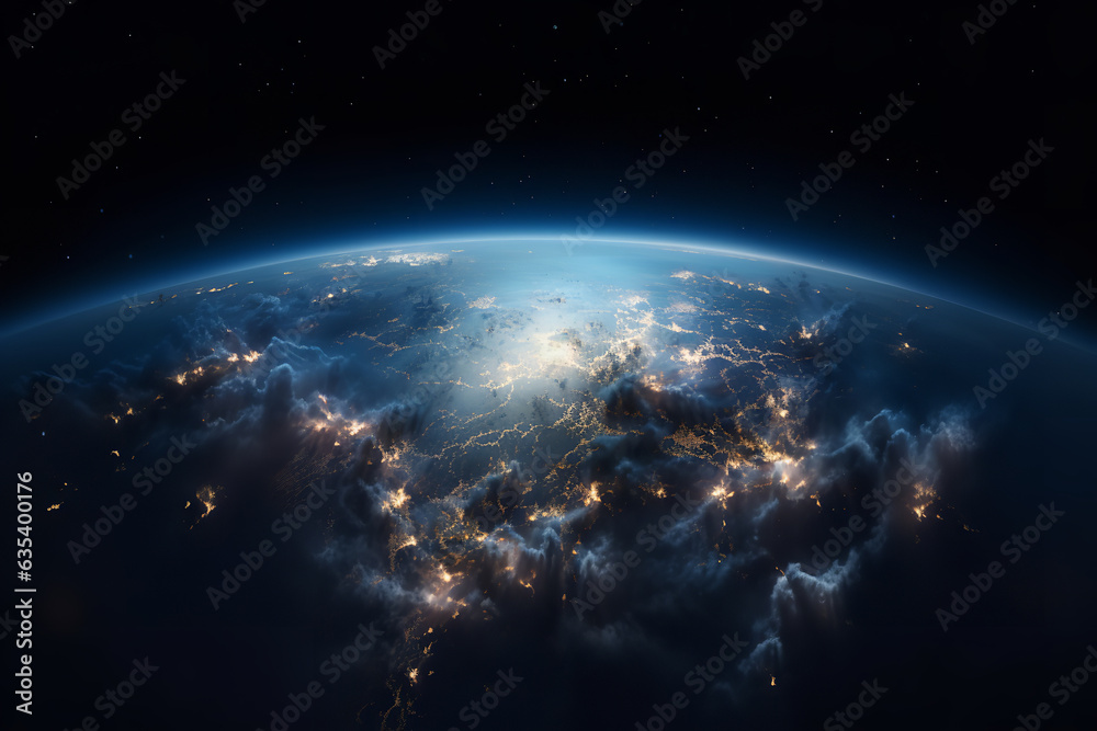  A cosmic perspective on cloud computing as Earth is encircled by rotating digital clouds symbolizing global connectivity - obrazy, fototapety, plakaty 