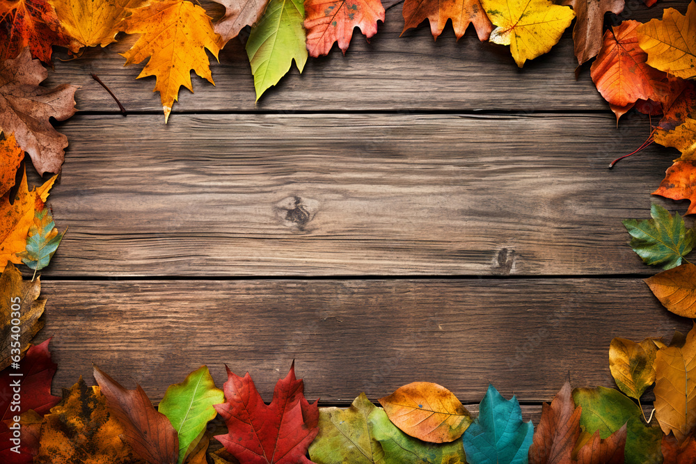 Wooden background, wood texture and autumn leaves, background, frame. Generative AI Wooden background, wood texture and autumn leaves, background, frame. Generative AI