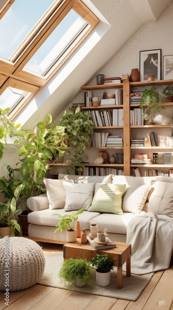 A cozy warm living room with thick white walls and white floor furnitures looks like a flea market lot of plants raw plank hanged on the walls small window