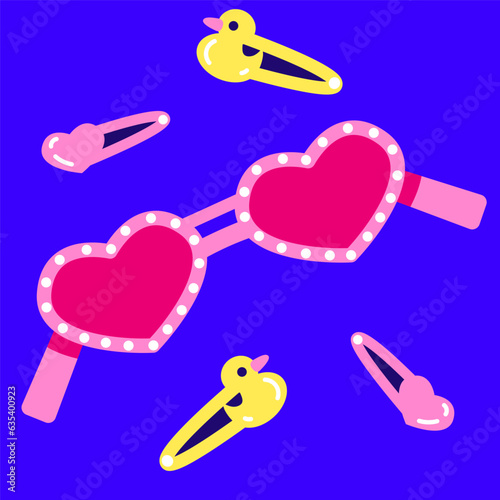 Cute pink heart shaped glasses with cute hairpins with hearts and duckies