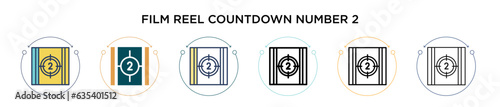 Film reel countdown number 2 icon in filled, thin line, outline and stroke style. Vector illustration of two colored and black film reel countdown number 2 vector icons designs can be used for mobile,