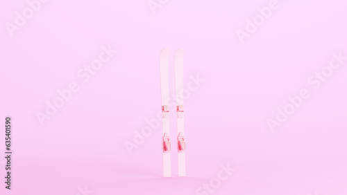 Pink skis skiing winter holiday seasonal bindings extreme sports equipment kitsch pink background 3d illustration render digital rendering photo