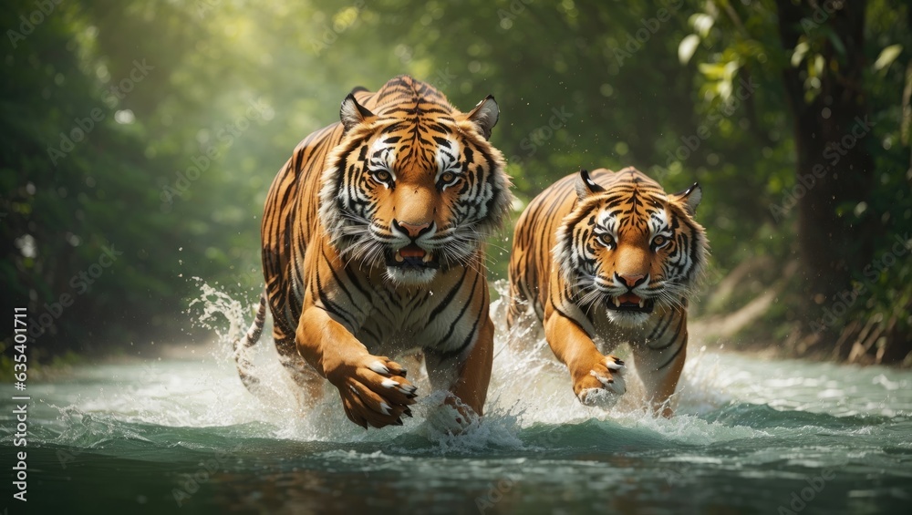 A powerful tiger sprints gracefully on water, surrounded by the lush greenery of the forest. - obrazy, fototapety, plakaty 