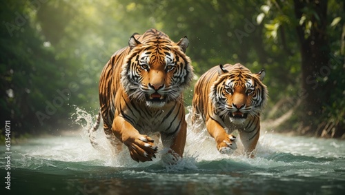 A powerful tiger sprints gracefully on water, surrounded by the lush greenery of the forest.