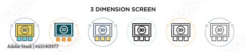 3 dimension screen icon in filled, thin line, outline and stroke style. Vector illustration of two colored and black 3 dimension screen vector icons designs can be used for mobile, ui, web