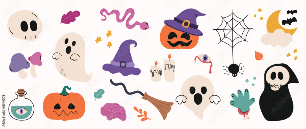 Happy Halloween day element background vector. Cute collection of spooky ghost, pumpkin, bat, lollipop, spider, skull, snake, spirit. Adorable halloween festival elements for decoration, prints. Happy Halloween day element background vector. Cute collection of spooky ghost, pumpkin, bat, lollipop, spider, skull, snake, spirit. Adorable halloween festival elements for decoration, prints.