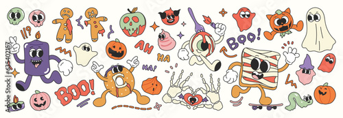 Happy Halloween day 70s groovy vector. Collection of ghost characters, doodle smile face, pumpkin, skull, bread, donut, candle, cookie. Cute retro groovy hippie design for decorative, sticker.