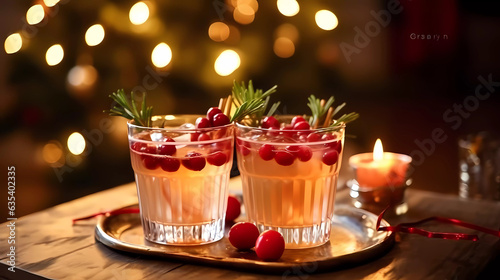 A merry Christmas cocktail, featuring a sprig of holly and a sugar rim, set against a winter wonderland of snowflakes, red berries, and holiday ribbons. Generative AI.