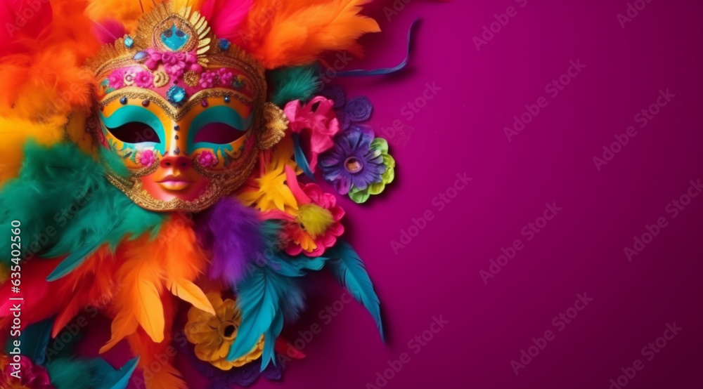 Colorful Brazilian carnival mask on a pink background, created with Generative AI technology.
