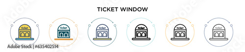 Ticket window icon in filled, thin line, outline and stroke style. Vector illustration of two colored and black ticket window vector icons designs can be used for mobile, ui, web