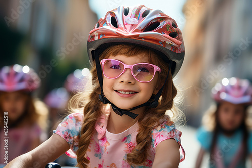 Little girl riding a bike on an asphalt road in the city, wearing a protective helmet