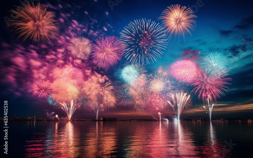 Beautiful blue and pink fireworks display lights up the sky with dazzling display during new year