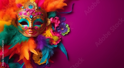 Colorful Brazilian carnival mask on a pink background, created with Generative AI technology.