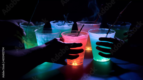 Halloween Cocktails, Glowing Drinks in the dark, different colored drinks and cocktails, Halloween Decoration, Glowing Cocktails, Halloween Beverage. Generative AI.