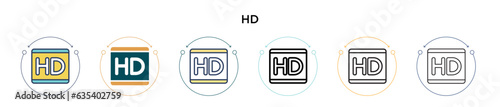 Hd logo icon in filled, thin line, outline and stroke style. Vector illustration of two colored and black hd logo vector icons designs can be used for mobile, ui, web