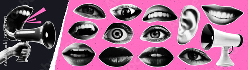 Trendy halftone collage set. Mouth, lips, eyes, loudspeaker. Contemporary grunge style. Retro vector illustration.	