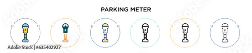 Parking meter icon in filled, thin line, outline and stroke style. Vector illustration of two colored and black parking meter vector icons designs can be used for mobile, ui, web