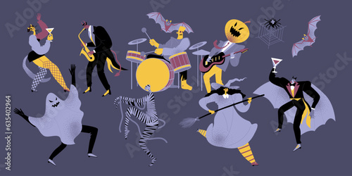 Party of the unclean. Witch, vampire, zombie and ghost dancing in front of band from hell. Halloween illustration