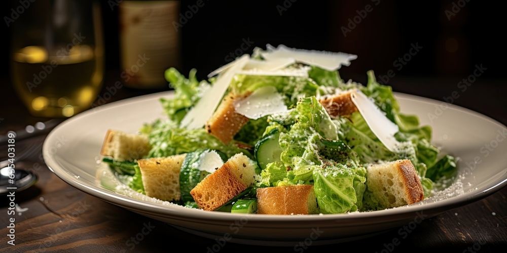 Caesar dressing, a creamy embrace for crisp greens. A chic restaurant, where salads become a gourmet adventure. 🥗🍴✨