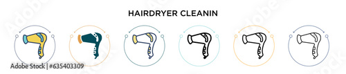 Hairdryer cleanin icon in filled, thin line, outline and stroke style. Vector illustration of two colored and black hairdryer cleanin vector icons designs can be used for mobile, ui, web