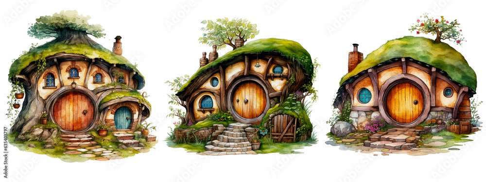 Obraz premium set of a Hobbit house watercolor style isolated on transparent background