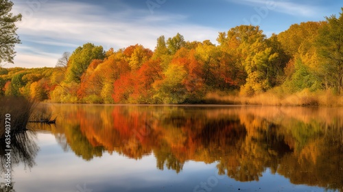 autumn trees reflected in lake
