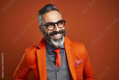 portrait of a businessman in an orange suite  in front of an orange studio background © Mathias